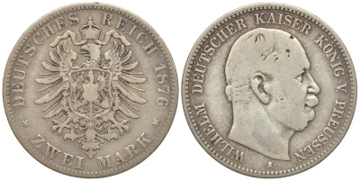 Пруссия 2 марки 1876 A, Вильгельм I (1861-1888) Weege 96, J. 96, KM 506 серебро 413-5534