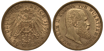 Вюртемберг 20 марок 1900 Вильгельм II J.296, KM 634 золото 00-000-00