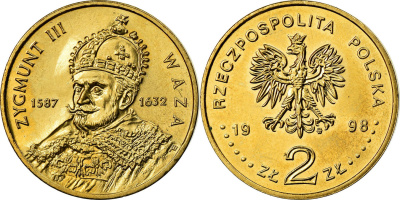 Польша 2 злотых 1998 MW, серия Польские короли, Сигизмунд III Ваза (1587-1632) KM 336 нордик  UNC 4153-257