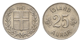 Исландия 25 эйре 1967 KM 11 медно-никель UNC 4696-346