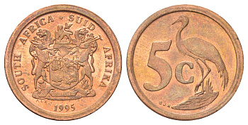 ЮАР 5 центов 1995 герб, райский журавль KM 134 сталь плакированная медью UNC 4696-1014