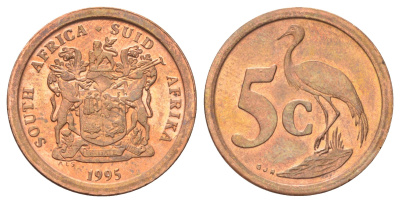 ЮАР 5 центов 1995 герб, райский журавль KM 134 сталь плакированная медью UNC 4696-1014