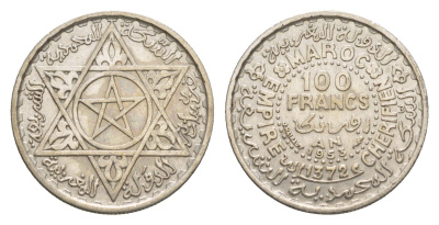 Марокко 100 франков 1953 год-тип Y 52 серебро 4659-423