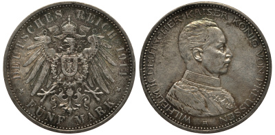 Пруссия 5 марок 1914 Вильгельм II в мундире KM 536, J. 114, Weege 114 серебро 3711-521