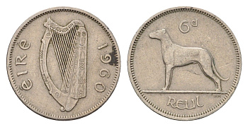 Ирландия 6 пенсов 1960 собака, ирландский волкодав KM 13a медно-никель 4696-525