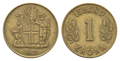 Исландия 1 крона 1963 KM 12a никель латунь 4695-526