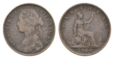 Великобритания 1 фартинг 1860 Виктория (1837-1901), зубчатая кайма KM 747.2, Spink 3958 бронза 4664-234