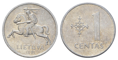 Литва 1 цент (сент) 1991 год-тип KM 85 алюминий 4682-153