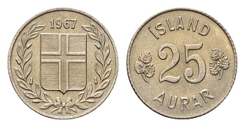 Исландия 25 эйре 1967 KM 11 медно-никель UNC 4696-349