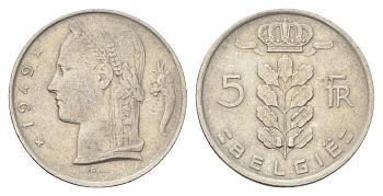 Бельгия 5 франков 1949 Belgie, Бодуэн I (1951-1993) KM 135 медно-никель 4704-1112