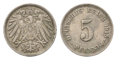 Германия 5 пфеннигов 1915 D KM 11, J. 12 медно-никель 4696-655