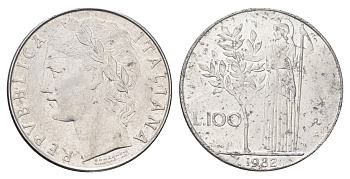 Италия 100 лир 1982 R, Афина в доспехах KM 96.1 нержавеющая сталь 4704-815