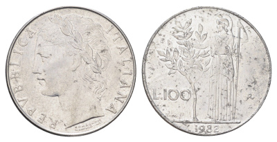 Италия 100 лир 1982 R, Афина в доспехах KM 96.1 нержавеющая сталь 4704-815