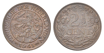 Нидерланды 2 1/2 цента 1941 Вильгельмина (1890-1948) KM 150 бронза 4706-1223