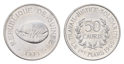 Гвинея 50 каури 1971 год-тип, ракушка KM 42 алюмний UNC 4623-1039