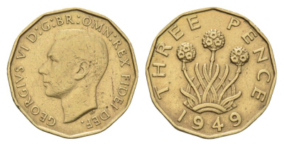 Великобритания 3 пенса 1949 Георг VI (1936-1952), редкий год KM 873, Spink 4113 никель латунь 270-1432