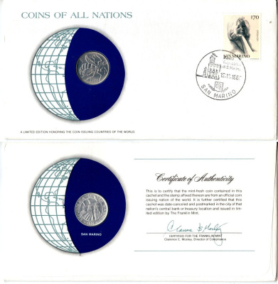 Сан-Марино 10 лир 1974 конверт с маркой первого дня гашения, Coins of Nations KM 33 алюминий UNC 4294-62-3