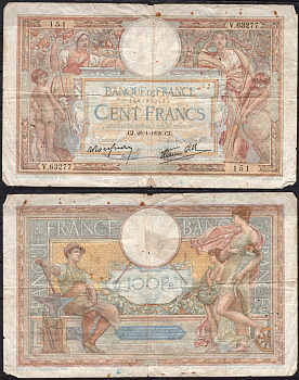 Франция 100 франков 1939 Pick 86 b бумага 8564-3-3-2