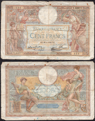 Франция 100 франков 1939 Pick 86 b бумага 8564-3-3-2