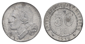 Марбах-на-Неккаре 50 пфеннигов 1918 Фридрих Шиллер Funck 316.1A, Men05 16251.1, Men18 20385.1 железо 4707-1214