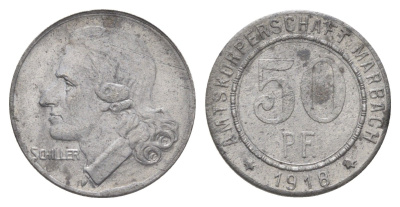 Марбах-на-Неккаре 50 пфеннигов 1918 Фридрих Шиллер Funck 316.1A, Men05 16251.1, Men18 20385.1 железо 4707-1214