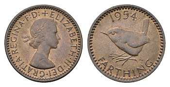 Великобритания 1 фартинг 1954 Елизавета II (1952-2022) KM 895, Spink 4195 бронза UNC 4690-811