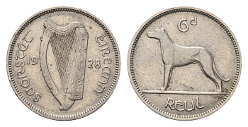 Ирландия 6 пенсов 1928 собака, ирландский волкодав KM 5 никель 3851-1226