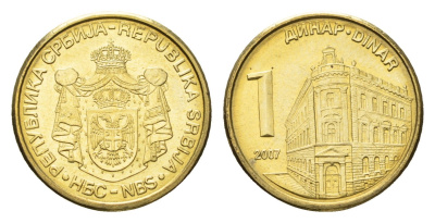 Сербия 1 динар 2007 KM 39 никель латунь UNC 4694-1134