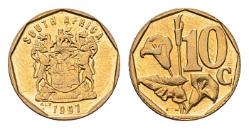 ЮАР 10 центов 1997 герб, цветок алоэ KM 161 сталь плакированная бронзой UNC 4694-732