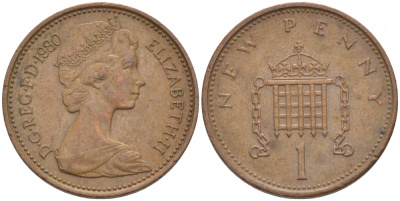 Великобритания 1 пенни 1980 Елизавета II (1952-2022) KM 915, Spink 4237 (B1) бронза 112-1258