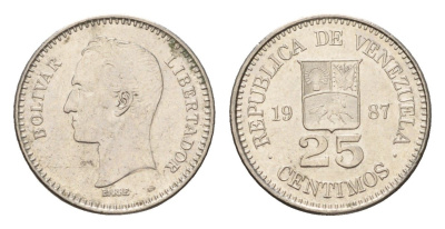 Венесуэла 25 сентимо 1987 Симон Боливар Y 50 никель UNC 4669-611
