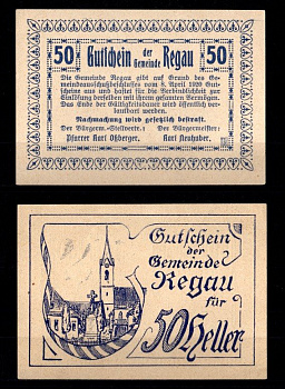 Австрия, Регау 50 геллеров 1920 Jaksc/Pick JPR0825-50 бумага UNC (пресс) 2193-40-3-2