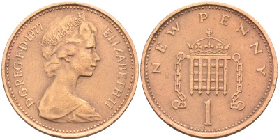 Великобритания 1 пенни 1977 Елизавета II (1952-2022) KM 915, Spink 4237 (B1) бронза 4588-542