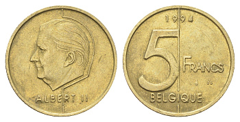 Бельгия 5 франков 1994 Belgique, Альберт II KM 189 алюминиевая бронза 4706-345