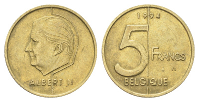 Бельгия 5 франков 1994 Belgique, Альберт II KM 189 алюминиевая бронза 4706-345