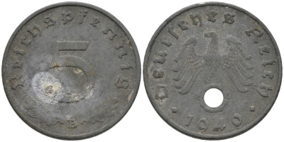 Германия 5 рейхспфеннигов 1940 В, монетный двор Вена KM 100, J. 370 цинк 186-655
