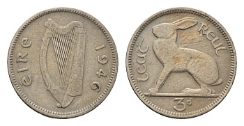 Ирландия 3 пенса 1946 заяц KM 12a медно-никель 3851-923