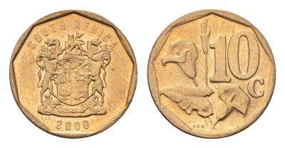 ЮАР 10 центов 2000 герб, цветок алоэ KM 161 сталь плакированная бронзой UNC 4694-762