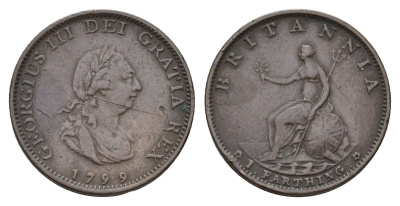Великобритания 1 фартинг 1799 Георг III (1760-1820) KM 646, Spink 3779 медь 603-1323