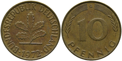 ФРГ 10 ПФЕННИГОВ 1972 G KM 108, J.383 сталь плакированная латунью 33-126