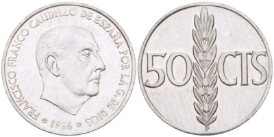 ИСПАНИЯ 50 СЕНТИМО 1966 (71) ФРАНСИСКО ФРАНКО ДИКТАТОР ИСПАНИИ (1939- 1975) KM 795 алюминий 4519-911