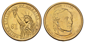 США 1 доллар 2009 D, Президент США - Джон Тайлер (1841-1845) KM 451 медь с марганцево-латунным покрытием UNC 4698-924