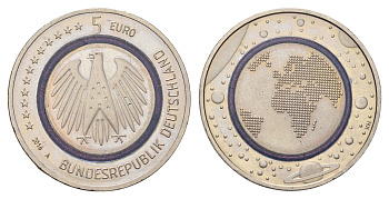 Германия 5 евро 2016 A, Планета Земля KM 348 триметалл UNC 1523-941