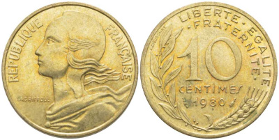 ФРАНЦИЯ 10 САНТИМОВ 1980 ТИП MARIANNE КМ 929, LE FRANC 144.20 алюминиевая бронза 116-126