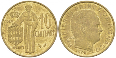 Монако 10 сантимов 1976 Ренье III (1949-2005) KM 142 алюминиевая бронза 73-163