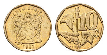 ЮАР 10 центов 1997 герб, цветок алоэ KM 161 сталь плакированная бронзой UNC 4694-737