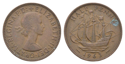 Великобритания 1/2 пенни 1963 Елизавета II (1952-2022) KM 896, Spink 4158 бронза 4662-1217