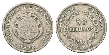 Коста-Рика 50 сентимо 1948 диаметр 26 мм, год-тип KM 182 медно-никель 4657-717