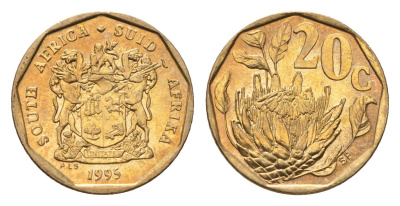 ЮАР 20 центов 1995 герб, цветок протея KM 136 сталь плакированная бронзой UNC 4694-844