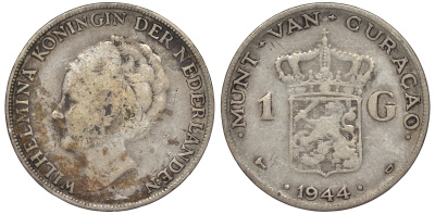 Нидерландское Кюрасао 1 гульден 1944 D, Вильгельмина (1890-1948) KM 45 серебро 36-724